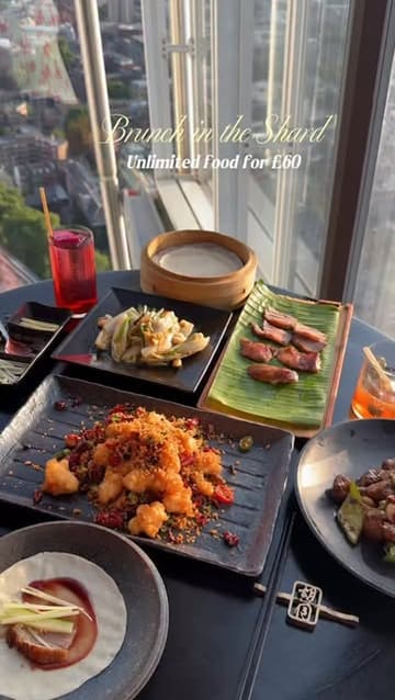 A montage video showcasing the Dynasty Brunch at Hutong in The Shard, featuring a variety of small plates, dim sum, and main courses, alongside the panoramic views of London.