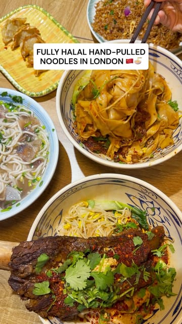 A short, punchy review of a halal hand-pulled noodle restaurant in London, featuring close-ups of the noodle-making process and various dishes like beef brisket noodles and stir-fried rice.