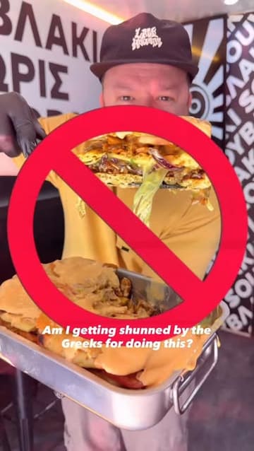 A creator visits The Athenian and creates a custom 'Gyros Lasagna' using the venue's ingredients, including pitta, pork, chicken, halloumi, salad, and sauce.