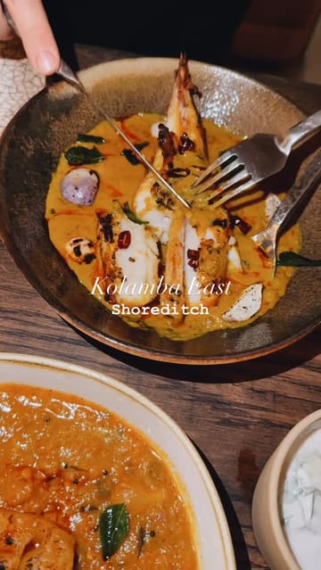 A montage of various Sri Lankan dishes and cocktails at Kolamba East in Shoreditch, featuring close-ups of food preparation and plating.
