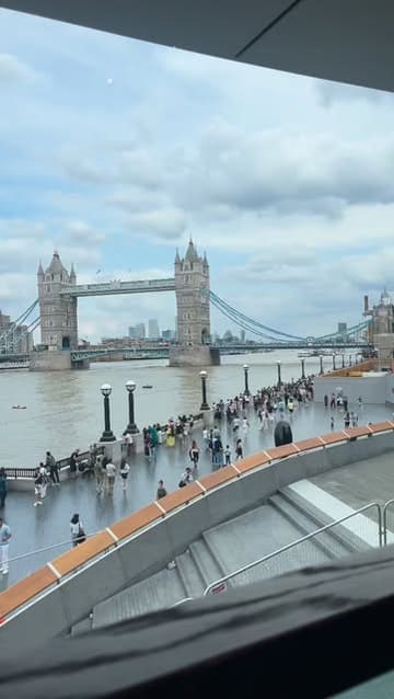 A montage showcasing the dining experience at Coppa Club London Bridge, highlighting the riverside location with views of Tower Bridge, the menu, and various dishes including bruschetta, prawns, fish and chips, venison steak, and dessert.