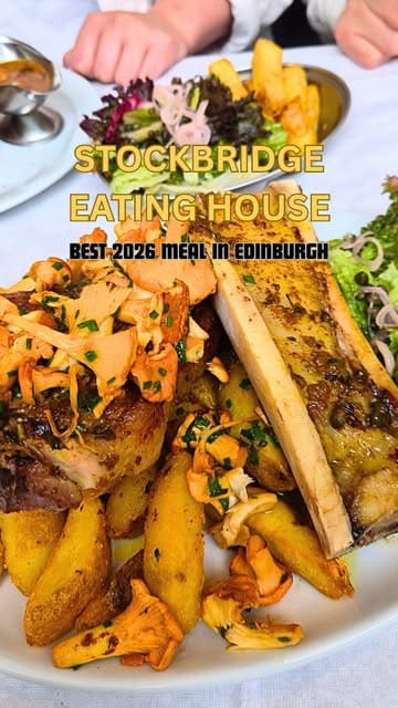 A short, punchy review of a restaurant in Stockbridge, Edinburgh, featuring close-up shots of various dishes including bone marrow, crab on toast, steak, and apple tart. The video uses text overlays to guide the viewer through the meal experience.