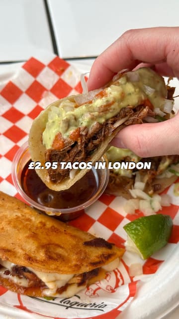 A short-form video review of Two Twins Tacos in London, featuring the creator trying various tacos and the birria consommé. The video includes shots of the menu, the exterior, and close-ups of the food, providing a clear and honest assessment of the dining experience.