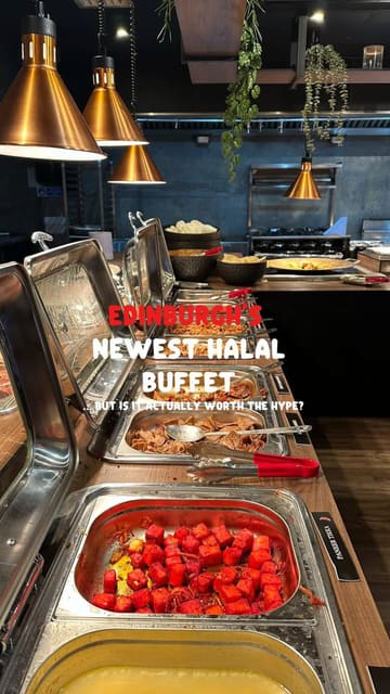 A video tour of a new halal buffet restaurant in Edinburgh, showcasing the various food stations including curries, pizzas, pastas, and a salad bar.