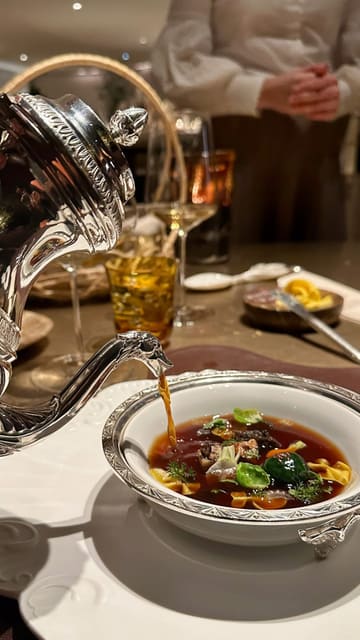 A montage of various fine dining dishes being finished with sauces poured tableside, highlighting the role of the saucier and the artistry of plating.
