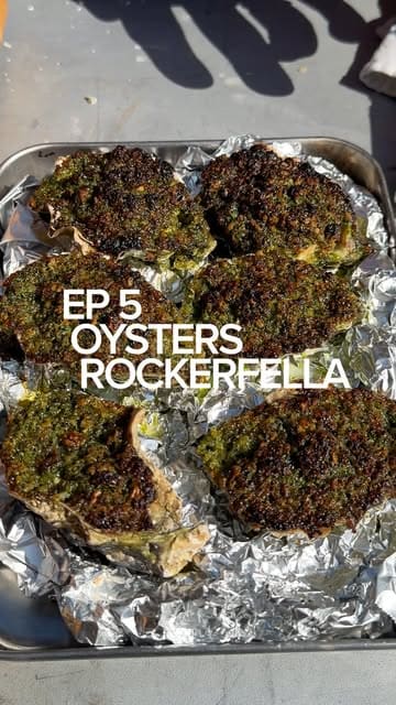A step-by-step recipe tutorial demonstrating how to prepare Oysters Rockefeller, featuring a chef preparing the dish in an outdoor setting.