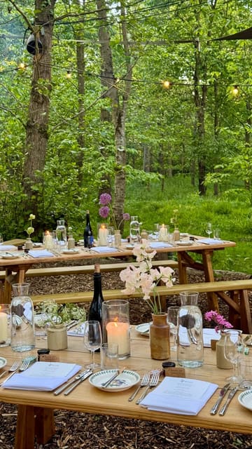 A visually stunning montage showcasing 'The Wild Table,' an immersive woodland pop-up dining experience featuring open-fire cooking, communal tables, and a scenic outdoor setting.