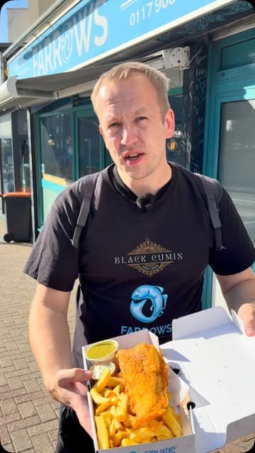 A video review of a fish and chips meal from Farrows in Bristol, featuring the creator tasting the fish, chips, mushy peas, and tartar sauce.