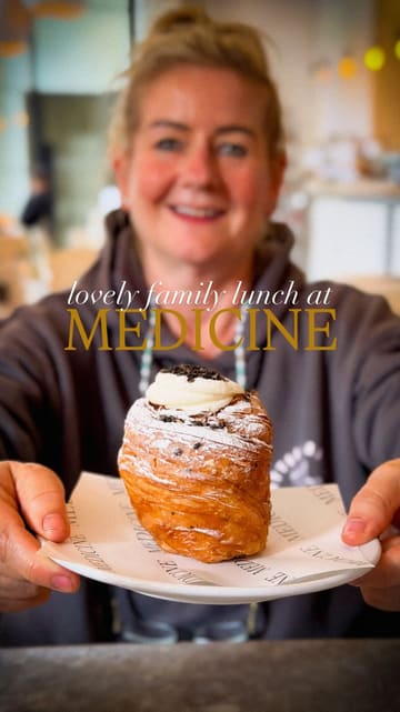 A fast-paced, vlog-style reel documenting a family visit to Medicine Bakery & Bar in Birmingham. The video features a variety of shots including close-ups of pastries, coffee preparation, lunch dishes, and the venue's interior, followed by a brief visit to the adjacent Ikon Gallery. The editing is rhythmic and keeps the viewer engaged throughout.