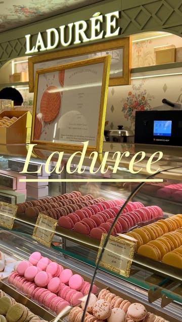 A creator visits a Ladurée location to try their vegan chocolate passion fruit macaron, sharing her thoughts on the flavor and texture with her cousin.