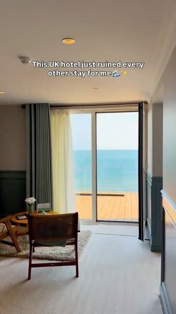 A promotional montage showcasing a stay at The Albion Hotel in Freshwater Bay, Isle of Wight, highlighting the sea views, room interiors, dining experiences, and beach access.
