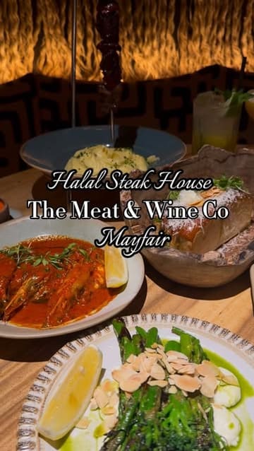 A short, music-led montage showcasing the interior and various dishes at The Meat & Wine Co in Mayfair, including steak, sides, and desserts.