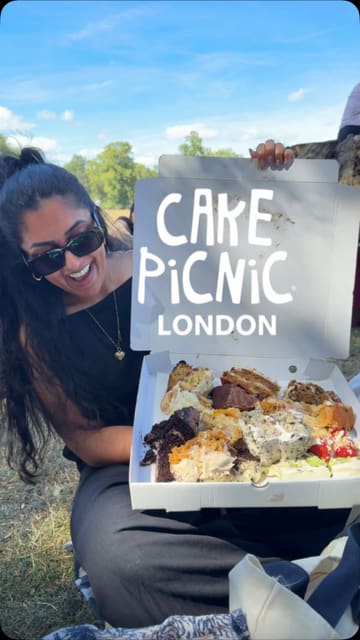A creator documents their experience at the London Cake Picnic in Greenwich Park, showcasing the 'no cake, no entry' rule, the massive variety of elaborate cakes on display, and the overall event atmosphere.
