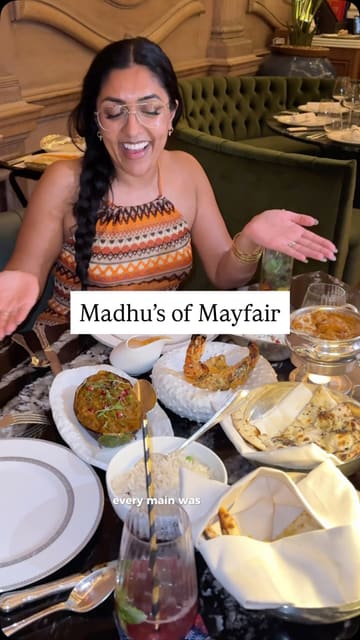 A creator visits the newly renovated Madhu's of Mayfair, showcasing the elegant interior, the self-playing piano, and a variety of high-end Indian dishes including lamb chops, scallops, and unique desserts.