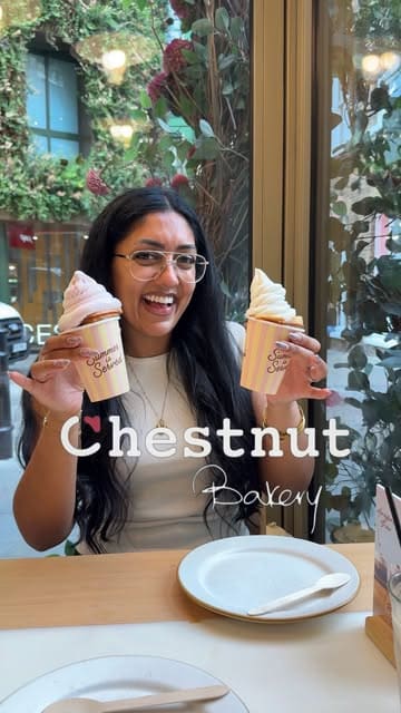 A creator visits Chestnut Bakery to review their new summer menu, featuring pastries, flatbreads, iced drinks, and a unique soft-serve croissant dessert. The video includes a tour of the Covent Garden branch.