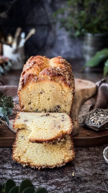 A high-quality, moody food photography shot of a maple walnut loaf cake, sliced to reveal its texture. The image uses dramatic, low-key lighting to highlight the moist crumb and crunchy walnut topping, creating an inviting and rustic aesthetic suitable for a baking blog or social media post.