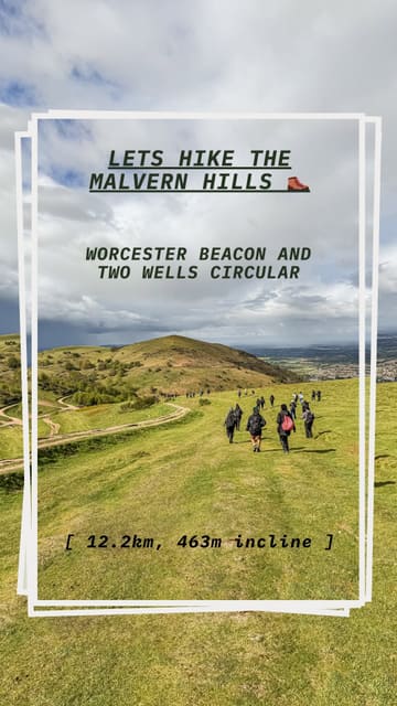 A travel guide video showcasing a hiking route in the Malvern Hills, including the Worcester Beacon and Two Wells Circular, with text overlays providing directions and details.