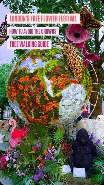 A guided tour of the Chelsea in Bloom floral festival in London, showcasing various elaborate floral installations across the neighborhood, including a zodiac constellation, mythical creatures, and space-themed displays.