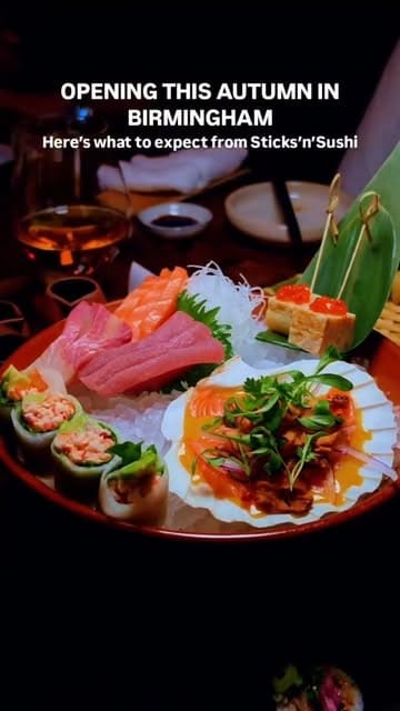 A promotional montage showcasing the food and drink menu of Sticks'n'Sushi, highlighting the variety of sushi, yakitori, and desserts available ahead of their Birmingham opening.