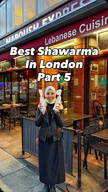 The creator visits Maroush Express on Edgware Road to review their shawarma as part of a series. The video features the creator trying chicken and lamb shawarma, cheese sambousek, and fresh juices, while providing commentary on the taste, freshness, and quality of the sauces. The video includes shots of the food preparation and the final dishes.