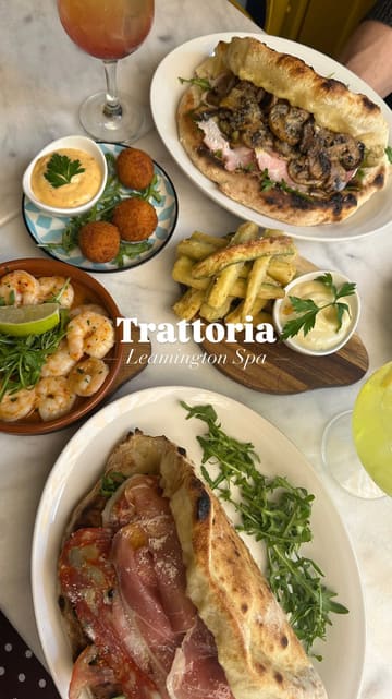 A promotional montage video for a Trattoria restaurant, featuring shots of the interior, menu, cocktails, and various Italian tapas and panuozzi dishes.