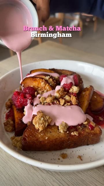 A short, aesthetic montage featuring brunch dishes and matcha drinks at Brondi in Birmingham. The video focuses on close-up shots of the food and drinks, including a pouring shot, and concludes with a shot of the venue's signage.