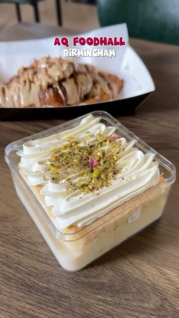 A short video showcasing desserts and drinks at AQ Foodhall in Birmingham, featuring a croissant, a milk cake, and a matcha latte.