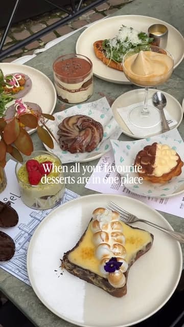 A short, punchy reel showcasing a variety of desserts and pastries available at a London cafe, featuring items from various independent bakeries.