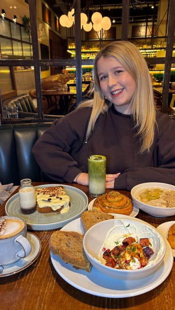 A montage of brunch dishes and pastries at Medicine Bakery & Kitchen, featuring close-ups of Turkish eggs, Tiramisu French toast, apple crumble oats, and various pastries, alongside shots of the venue interior.