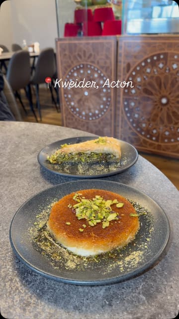 A visual tour of Kweider, a Middle Eastern sweet shop, featuring close-ups of kunafa, baklava, and mint tea, alongside shots of the interior seating and display cases.
