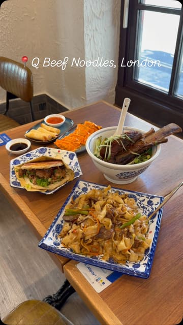 A visual tour of Q Beef Noodles in London, highlighting the kitchen's noodle-making process and a variety of dishes including beef rib noodles, dumplings, and a Chinese burger.