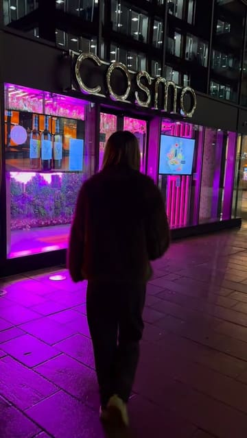 A fast-paced, music-led tour of the Cosmo buffet restaurant in Sheffield. The video takes the viewer through the entrance and past various food stations, including sushi, a carvery, pizza, Asian hot food, teppanyaki, and a dessert section with a chocolate fountain. The creator is briefly seen entering and enjoying a plate of food.
