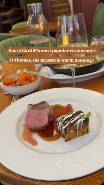 A montage of high-quality food and drink shots at Thomas, the Brasserie by Tom Simmons, featuring various courses from starters to desserts, showcasing the restaurant's elegant presentation and atmosphere.