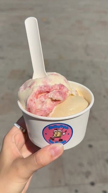 A creator reviews Melting Point Ice Cream, an artisanal ice cream stall based in Leeds. The video features the creator introducing the brand, showing the ice cream cart, highlighting the variety of flavours on the menu board, and demonstrating the scooping process.