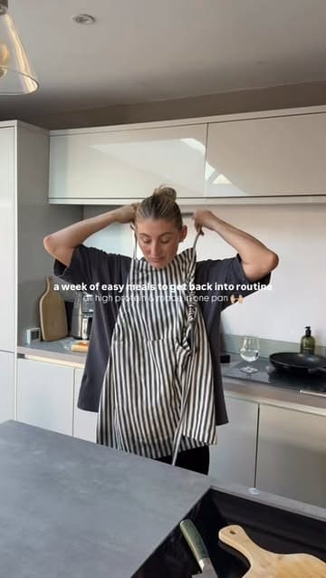 A montage of various one-pan, high-protein meals prepared in a home kitchen, presented by the creator to demonstrate easy cooking routines.