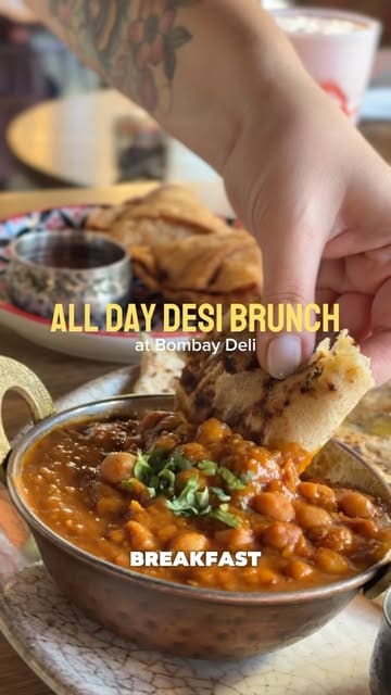 A promotional reel showcasing the new 'Desi Brunch' menu at Bombay Deli in Nottingham, featuring various traditional Punjabi breakfast dishes like Amritsari Kulcha & Chole and Aloo Puri, along with lassis.