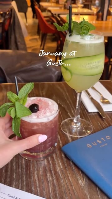 A promotional reel for Gusto Italian featuring a variety of dishes including dough petals, burrata, carbonara, lasagne, sourdough pizza, and a large tray of tiramisu, accompanied by cocktails.