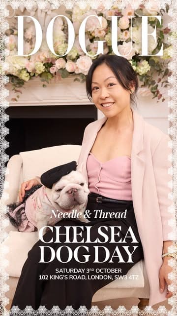 A montage video documenting a 'Chelsea Dog Day' experience, featuring a French Bulldog visiting various venues including a boutique, a vet clinic, a hotel for afternoon tea, and a restaurant.