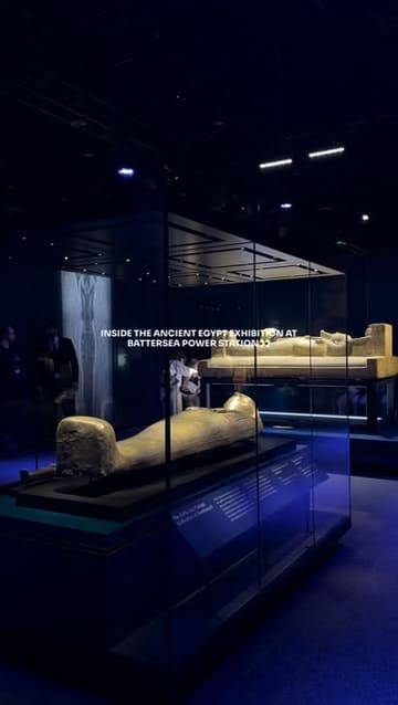 A montage showcasing the Ramses and the Pharaohs Gold exhibition at Battersea Power Station, featuring various artifacts, holographic displays, and the gift shop.
