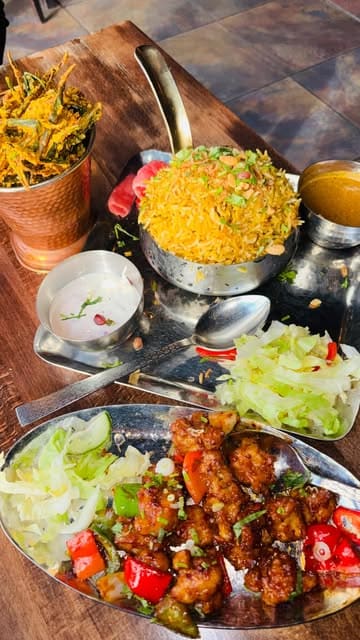 A vlog-style review of a visit to an Indian restaurant, featuring the creator trying various dishes including Gobi Manchurian, Okra Fries, Samosas, Palak Paneer, and Chicken Biryani.