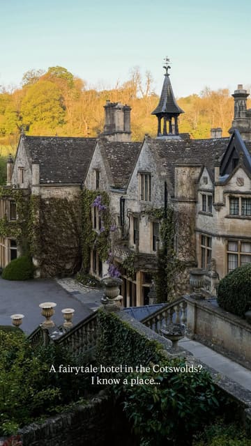 A visually stunning tour of The Manor House in Castle Combe, highlighting the hotel's fairytale aesthetic, luxurious cottage rooms, cozy fireplace, and picturesque grounds during wisteria season.