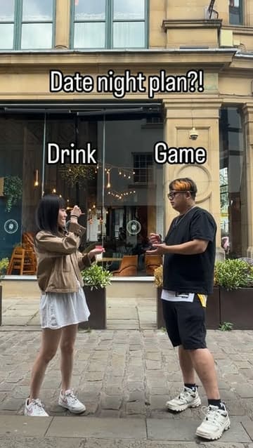 A couple visits NQ64 arcade bar in Manchester, showing off the neon-lit atmosphere, retro arcade games, and themed cocktails.