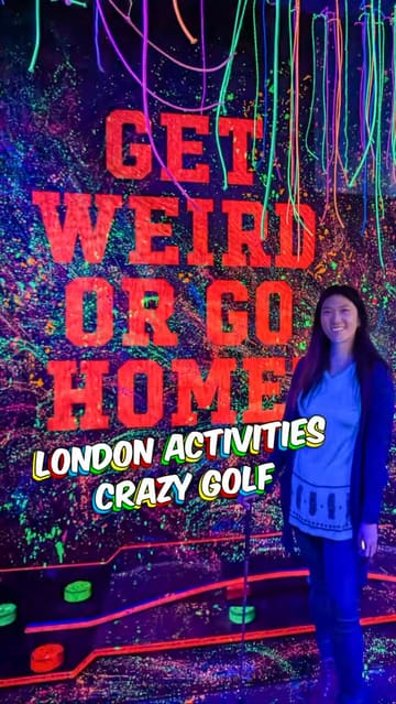 A short, upbeat video featuring a creator visiting Junkyard Golf Club. The video highlights the various crazy golf courses, the neon-lit decor, and the cocktails available, encouraging viewers to visit for group outings or date nights.