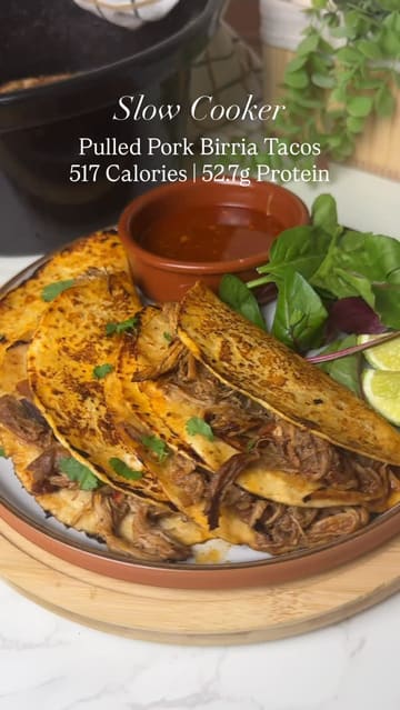 A step-by-step recipe tutorial for making slow cooker pulled pork birria tacos, featuring clear shots of the ingredients and the cooking process.