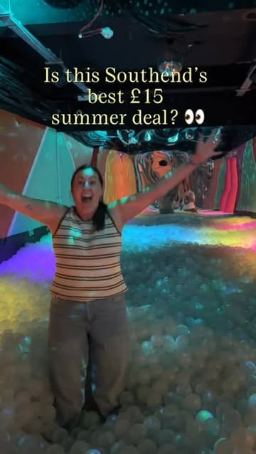 A promotional video for Caddies in Southend, showcasing their crazy golf, ball pit, and arcade games as part of a £15 summer pass offer.