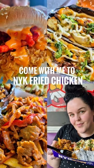 A vlog-style video featuring a creator and her companion visiting NYK Fried Chicken. The video showcases various menu items including fried chicken burgers, loaded fries, wraps, and milkshakes, alongside shots of the venue's interior and exterior.