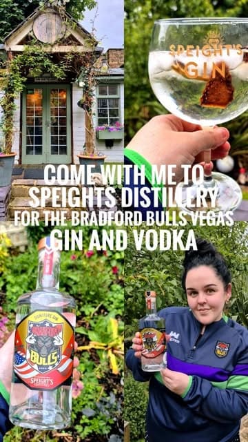 A creator visits Speight's Gin Distillery to promote a new collaboration gin and vodka with the Bradford Bulls rugby team, highlighting the distillery's atmosphere and the product launch.
