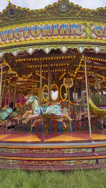 A vibrant, fast-paced reel showcasing The Hoppings fairground in Newcastle, featuring a variety of rides, games, and street food options like steak and chips, donuts, and lemonade.