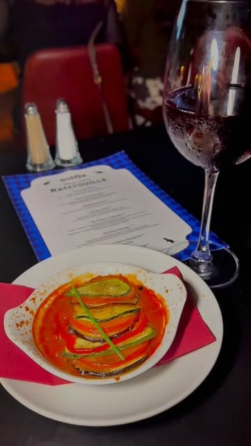 A montage showcasing an immersive 5D cinematic dining experience in Newcastle, where the food served is themed to match the movie being screened, specifically featuring a Ratatouille-themed menu.
