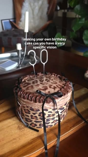 A home baking tutorial showing the creation of a 30th birthday cake with vanilla and chocolate layers, almond frosting, and a leopard print design.
